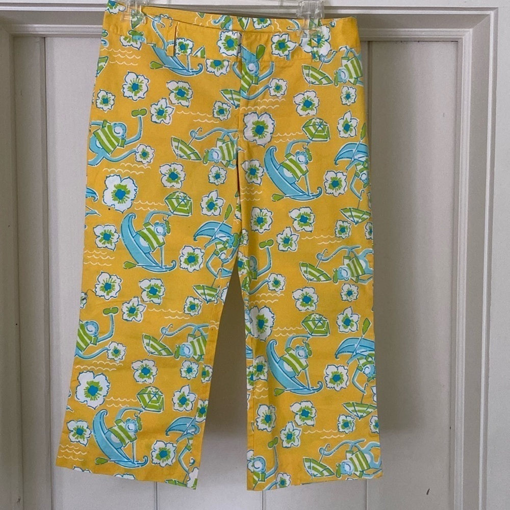 Lilly Pulitzer White Tag Cropped Pants Yellow Monkey Boat Floral Flowers 2